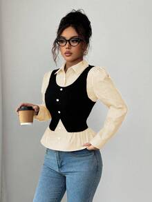 SHEIN Elenzya Áo thun nữ 2 trong 1 kẻ sọc chắp vá cài nút phía trước, mùa thu - Màu vàng - Xem 4