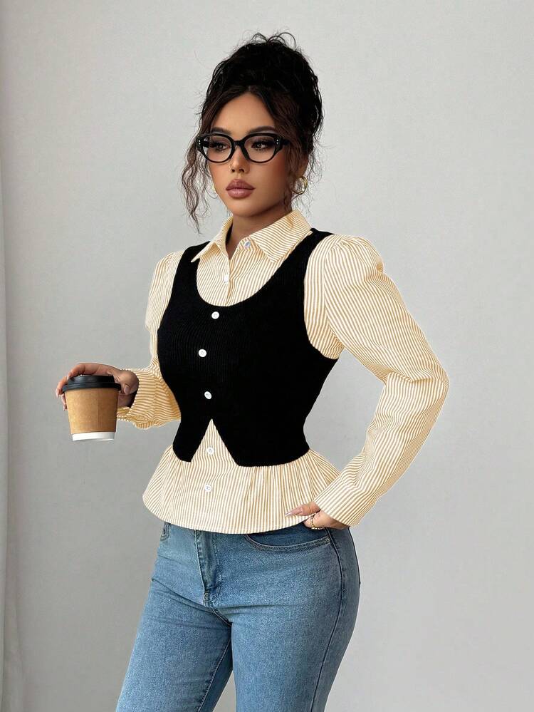 SHEIN Elenzya 女士休闲条纹拼接前扣两件式上衣，秋季款 - 黃色 - 查看 4
