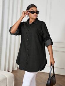 SHEIN Lady 蓝色大码牛仔连衣裙，休闲宽松长袖衬衫裙，舒适休闲 - 黑色 - 查看 6