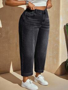 SHEIN SXY 大码休闲日常做旧猫须口袋牛仔裤 - 黑色 - 查看 3