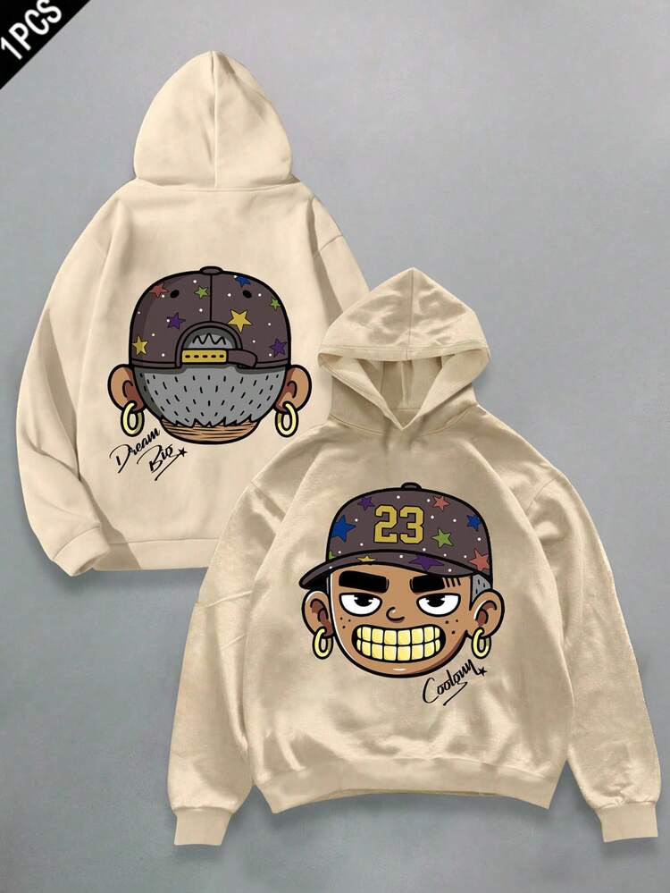 SHEIN 男童休闲舒适印花卫衣，宽松版型，250克涤纶面料，Y2K风格卡通图案印花，单层抓绒，休闲舒适，长袖连帽衫，适合秋冬季运动穿着。男童图案卫衣，尺码13，动漫卫衣，Y2K卫衣，男童卫衣，Y2K儿童卫衣，尺码10-12，男童尺码13，尺码11-12 - 卡其色 - 查看 4