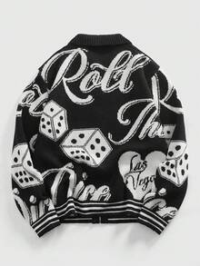 ROMWE MEN Prep Men's Jacquard Knit Cardigan, Dark Streetwear Fashion, Long Sleeve Top - Black and White - View 2