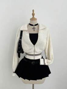 SHEIN Unity 1件女士杏色毛领开衫外套，休闲通勤冬季外套 - 杏色 - 查看 1