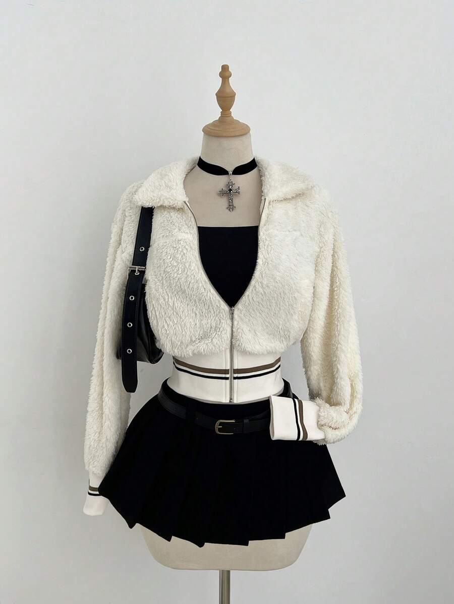 SHEIN Unity 1件女士杏色毛领开衫外套，休闲通勤冬季外套 - 杏色 - 查看 1