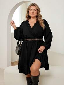 SHEIN CURVE+ Váy ren vá màu trơn thanh lịch cỡ lớn - màu đen - Xem 8