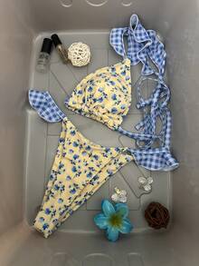 Swim Mod 2pcs Women Vacation Outfit Mod Stylish Cute Sexy Beach Party Plaid & Floral Random Print Ruffle Adjustable Strap Backless Triangle Top And Ruffle Cute Bikini Bottoms Set - Multicolor - View 4