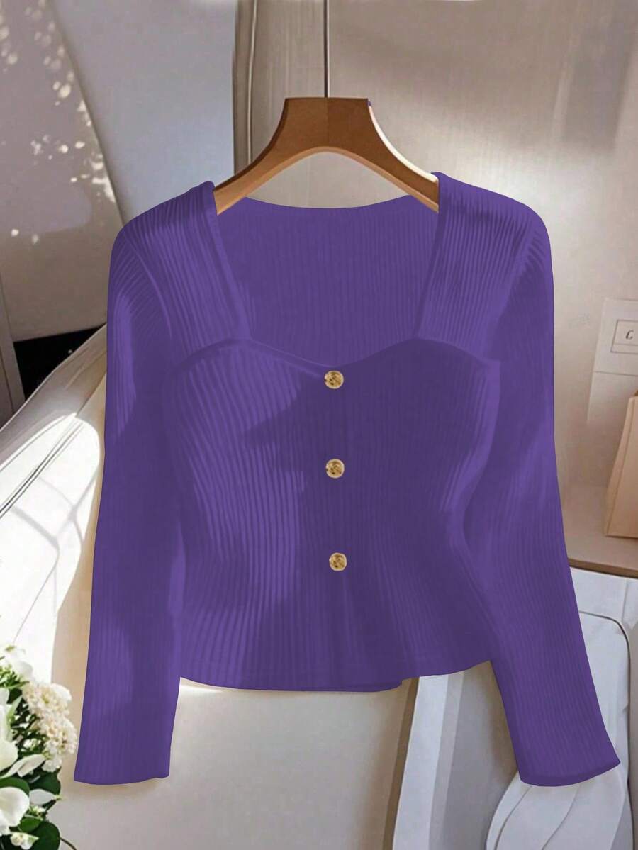 GlowEve Women's Fashion Business Solid Color Heart Neck Long Sleeve Casual T-Shirt - Violet Purple - View 1