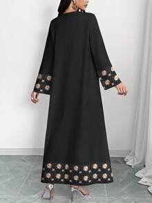 SHEIN Najma 女士刺绣花卉印花V领长袖优雅阿拉伯风格长款连衣裙，春秋季 - 彩色 - 查看 2