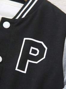 SHEIN Genkimix Kids 4-7 Years Old Young Boys' Collegiate Baseball Jacket 2-Piece Set - Black Knit Cardigan Baseball Jacket With White Sleeves, Letter "P" Print, Matching Printed Sweatpants With Ribbed Collar, Cuffs And Hem, Comfortable And Casual, Suitable For Spring/Autumn, Daily Wear, Sports, School, Travel - Multicolor - View 7