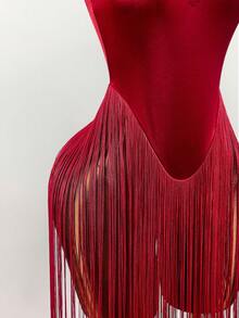 Amplova Váy dự tiệc hở lưng viền tua rua màu đỏ dành cho nữ - Đỏ - Xem 6