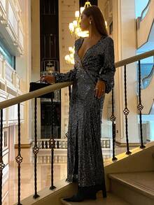 Livesso Elegant Black Sequin Embellished Dress, Suitable For New Year, Christmas, Wedding, Party, Banquet, Formal Occasions, Autumn/Winter Carnival Sparkly Dress - Black - View 1