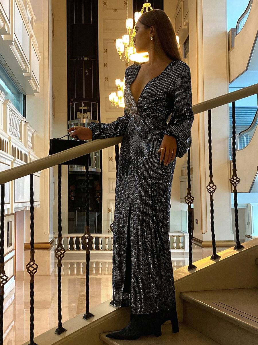 Livesso Elegant Black Sequin Embellished Dress, Suitable For New Year, Christmas, Wedding, Party, Banquet, Formal Occasions, Autumn/Winter Carnival Sparkly Dress - Black - View 1