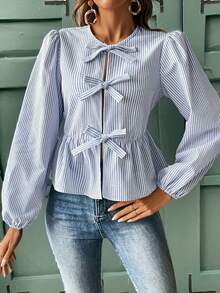 SHEIN Frenchy Breathable Comfortable Striped Cotton-Like Women's Shirt Winter - Blue and White - View 5