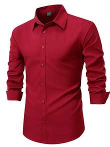 Manfinity Mode 男士紫红色长袖休闲商务衬衫 - 紅色 - 查看 4