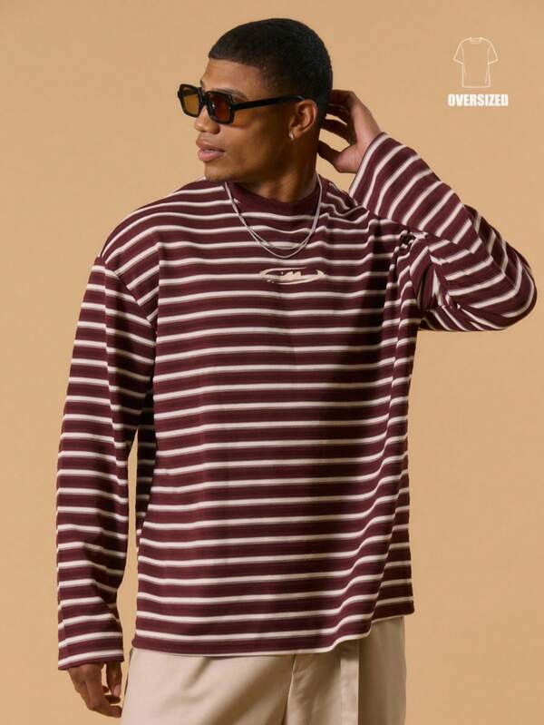 Musero Relaxed Fit Crew Neck Graphic Slogan Print Striped Long Sleeved Top