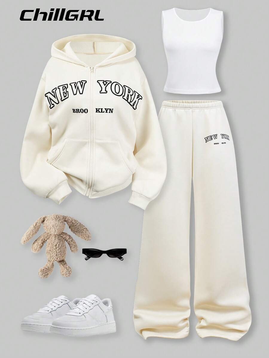 SHEIN ChillGRL 3pcs/Set Teen GirlCasual Outfit, Including Hooded Zip-Up Sweatshirt With Horse Print, White Tank Top, And Elastic Waist Straight Leg Pants, Autumn