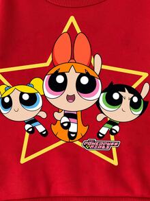 THE POWERPUFF GIRLS X SHEIN 女婴休闲卡通印花红色圆领运动衫，秋季 - 紅色 - 查看 2