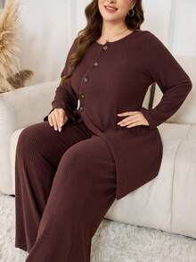 Lacomfia Plus Size Women's Solid Color Single-Breasted Long Sleeve Split Hem Top And Wide Leg Pants Casual 2-Piece Set - Coffee Brown - View 5