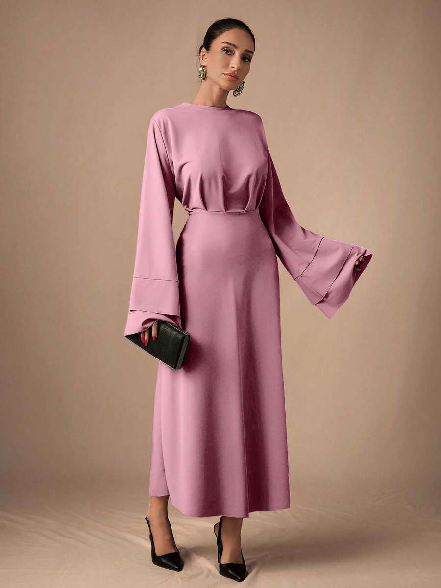 EURMUSE Women's Solid Color Round Neck Pleated Elegant Long Sleeve Dress - Baby Pink - View 1
