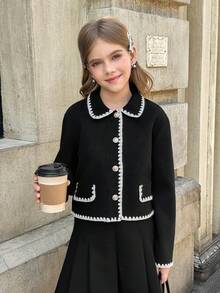 少女短款开衫，粗针织贝壳波浪边饰，蘑菇扣翻领外套，适合秋冬季休闲、派对、度假等场合。 - 黑色 - 查看 1