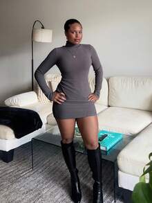 Tyla Gomez Women's High Neck Ribbed Bodycon Dress,Fall Clothes Long Sleeve Dress - Dark Grey - View 6