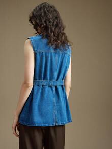 Ontre Women's Casual Washed Denim Sleeveless Jacket With Belt, Simple And Elegant Business Casual Outerwear For Autumn/Winter - Medium Wash - View 4