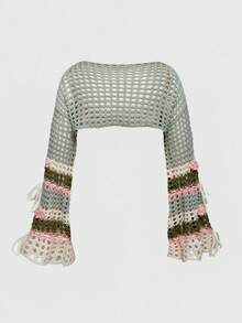 ROMWE Fairycore Fariycore 秋冬森系森系网眼针织拼布条纹碎花长袖绿色大码毛衣，亚文化仙女风大码秋冬长袖女针织衫 - 彩色 - 查看 2