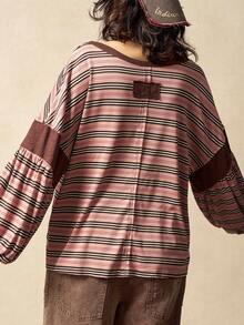 Bohemela Camiseta suelta de mujer de manga larga con cuello en V de parchwork de punto a rayas, ropa de invierno para mujer, blusa a rayas de hombros descubiertos de manga larga de mujer para otoño e invierno, ropa de mujer, parte superior a rayas de color albaricoque, ropa exterior, blusa de hombros descubiertos a rayas, blusa casual de mujer, camiseta de manga larga, blusa de Navidad, blusa de Año Nuevo, blusa marrón, blusa a rayas marrones, otoño, ropa de otoño para mujer - Multicolor - Ver 7