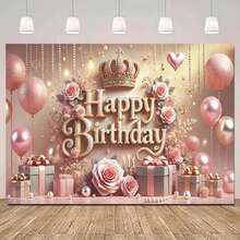 1pc Pink Floral Balloon Birthday Party Background With Crown Pearl Gift Box Design, Princess Birthday Party Background Cloth, Cake Table Decor, Photography Backdrop, Polyester Banner - Apricot - View 6