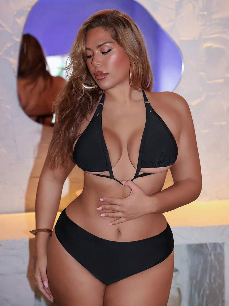 Swim SXY Bộ bikini cỡ lớn gợi cảm khoét rỗng, dây rút, kiểu yếm, thích hợp cho kỳ nghỉ biển, bikini dành cho người có thân hình đầy đặn, đồ bơi màu đen dành cho nữ, đồ bơi dành cho người có thân hình đầy đặn. - màu đen - Xem 1
