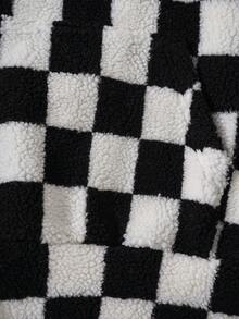 ROMWE MEN Street Life Men's Checkerboard Kangaroo Pocket Hoodie Sweatshirt, Thermal Lined, Autumn/Winter - Black and White - View 5