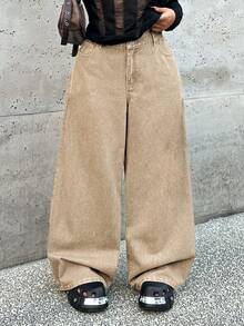 SHEIN ICON 大码休闲宽松阔腿牛仔裤，蓝色，时尚百搭 - 卡其色 - 查看 1