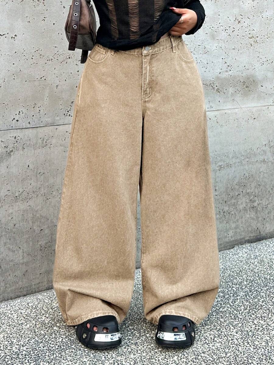 SHEIN ICON 大码休闲宽松阔腿牛仔裤，蓝色，时尚百搭 - 卡其色 - 查看 1