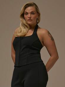 MUSERA Plus Bandage Stretch Halter Neck Hook And Eye Centre Top  Autum  Party Curve - Black - View 3