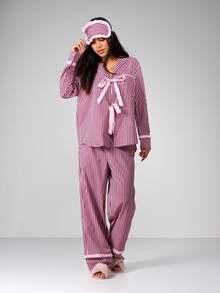 MISSGUIDED 条纹长袖睡衣套装，前系带设计，居家休闲舒适 - 粉色 - 查看 1