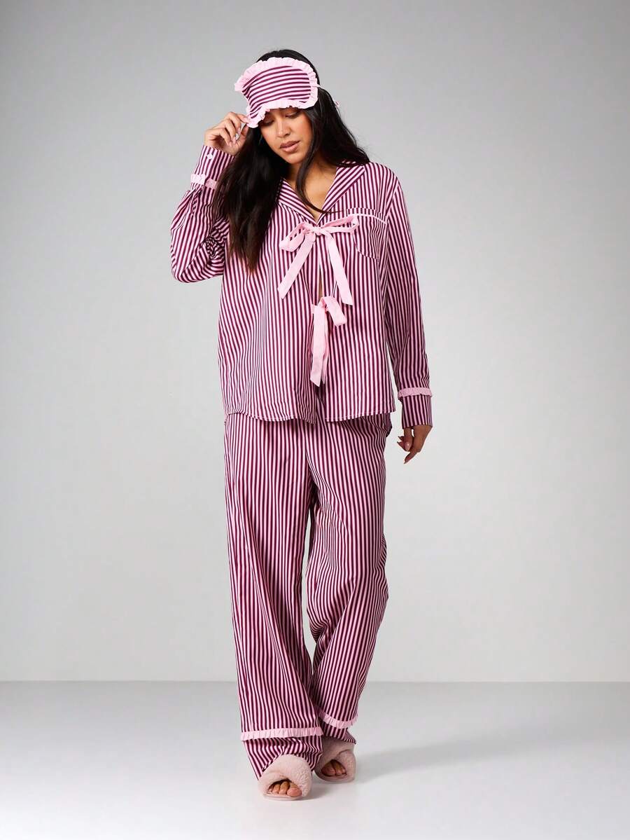 MISSGUIDED 条纹长袖睡衣套装,前系带设计,居家休闲舒适 - 粉色 - 查看 1