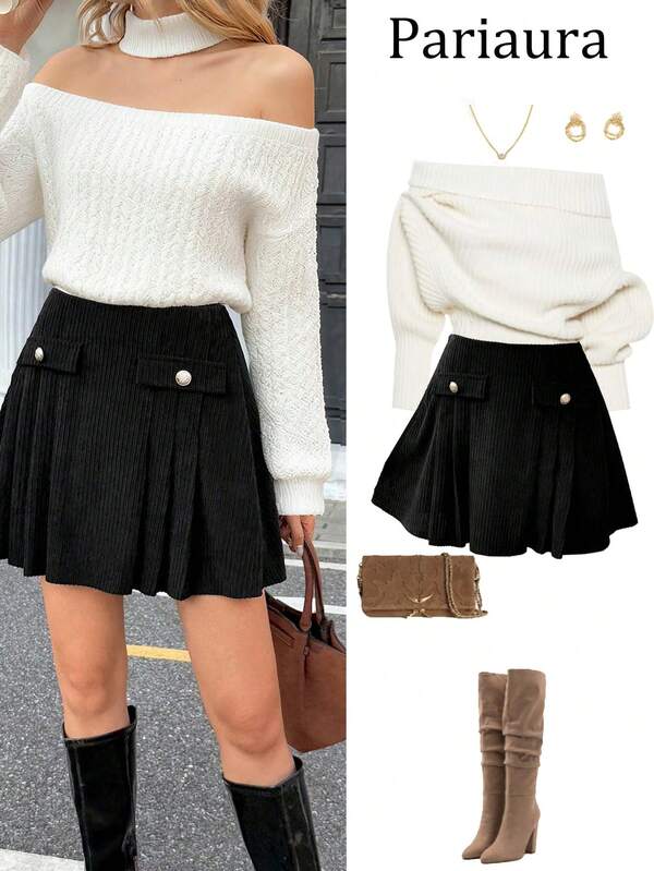 Pariaura Women's Elegant French Style Casual & Office Wear Mini Corduroy Skirt, Autumn/Winter