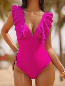 Slaydiva Bộ đồ bơi một mảnh cổ chữ V xếp nếp màu trơn đi biển dành cho nữ vào kỳ nghỉ hè - Màu Hồng Tươi - Xem 8