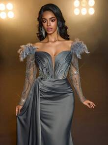 Glamrae Váy maxi đuôi cá dài tay bằng vải satin co giãn, đính cườm và sequin sang trọng, xẻ tà bên hông, thích hợp cho đám cưới, tiệc tùng, vũ hội, kỳ nghỉ, những dịp trang trọng (được tô điểm nhiều) - xanh quân đội - Xem 5