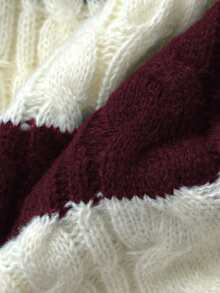 Elamini Women's Casual Versatile V-Neck Striped Lantern Sleeve Knit Sweater Top, Navy & Apricot, Autumn/Winter - Burgundy - View 6