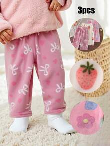 SHEIN 3pcs/Set Baby Girl Casual Strawberry, Bow, Flower Pattern Pants - Multicolor - View 3