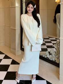 DAZY 女士优雅针织毛衣半裙两件套，适合秋冬季、新年、圣诞节、婚礼等场合。 - 米色 - 查看 5