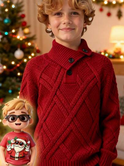 SHEIN Young Boys Korean Cute Casual Striped Turtleneck Oversized Warm Sweater, Can Be Worn Inside Or Outside, Suitable For , School, Daily Gatherings, Christmas, Autumn And Winter Red And White Sweater Children's Knitted Sweater Striped Sweater Christmas, Christmas, Party, New Year Red