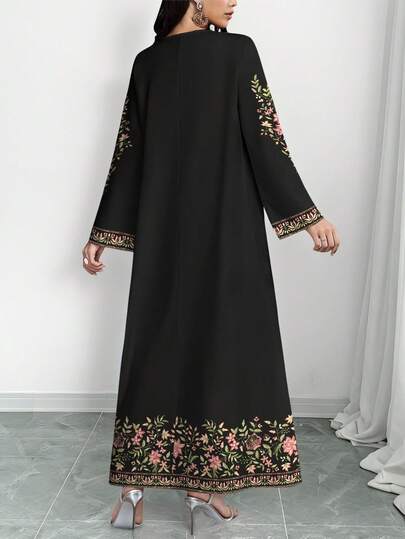 SHEIN Najma 女士花卉植物数码印花V领长袖优雅阿拉伯风格连衣裙，春秋季