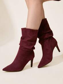 CUCCOO CHICEST 女士秋冬新款褶皱尖头细高跟优雅通勤百搭经典舒适黑色仿麂皮绒中筒靴，适合约会、工作、万圣节、圣诞节、感恩节等场合，用途广泛。 - 紅色 - 查看 8