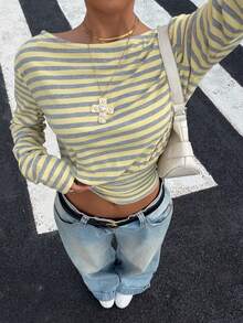 SHEIN EZwear 女士时尚新款黄色条纹长袖针织彩色条纹T恤，适合外出、街头服饰、Y2K风格 - 彩色 - 查看 3