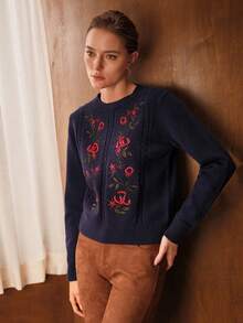 MOTF PREMIUM 复古花卉刺绣女士麻花针织毛衣，秋冬季 - 藏蓝色 - 查看 7