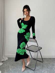 Elenzga Square Neck Jacquard Knit Bodycon Waist Sweater Dress - Green - View 5