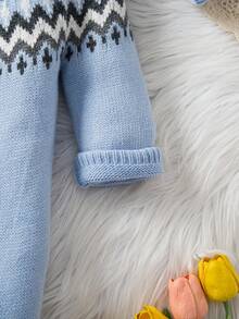 SHEIN Baby Boys' Casual Minimalist Cute Blue Fair Isle Knit Sweater Jumpsuit, Soft & Comfortable, Suitable For Daily, Outdoor, Travel, Holiday, Home, Daycare, Autumn/Winter, Christmas, Back To School, Party, All-Season Baby Blue Knitted Outfit For Baby Baby Boy Outfit Blue Vintage 0 3 Months Boy Winter Knitted Baby Romper Light Blue Baby Sweater Romper - Blue - View 12