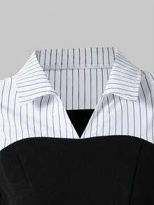 SHEIN Sparklyn Teen GirlElegant Casual Black & White Striped Long Sleeve Fitted Shirt, Fashionable & Versatile, Can Be Paired With Flare Pants, Wide-Leg Pants, Or Midi Skirts - Black and White - View 3